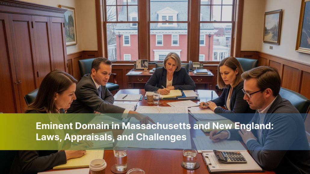 Aerial view of Massachusetts redevelopment area affected by eminent domain laws.